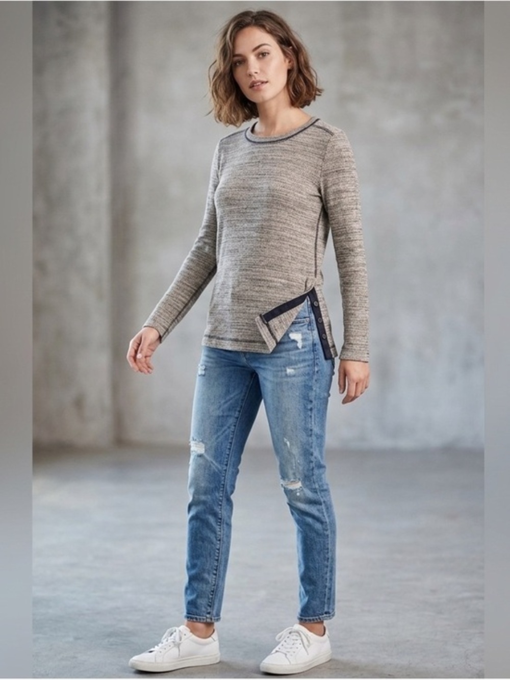 Madewell Women’s Small Tan Waffle Knit Thermal Cotton Sweater Top S Side Button